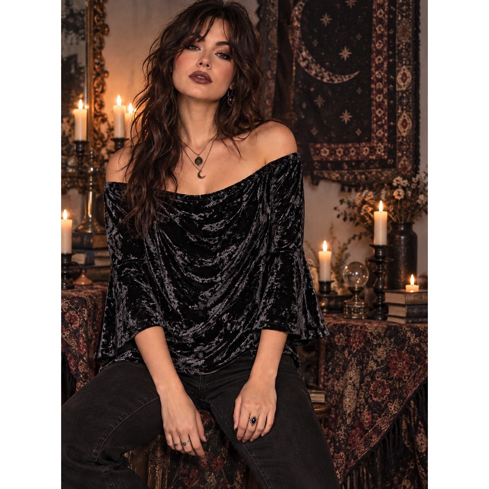Black Crushed Velvet Bell Sleeve Blouse Scoop Neck 3/4 Sleeve Top